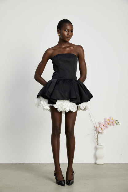 Lucie black petal-layered strapless corset mini dress
