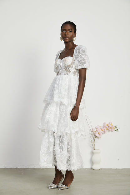 Mélisande white lace tiered maxi dress