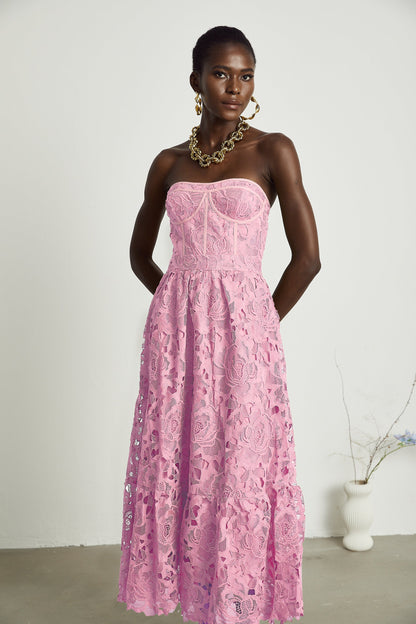 Inès lace floral embroidered cut-out midi dress in Pink
