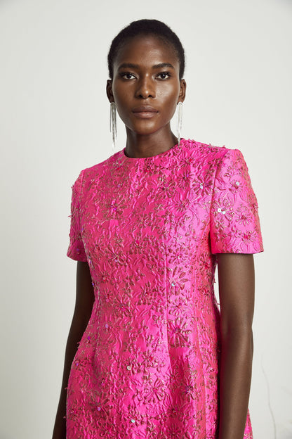 Celestia Floral-Appliqué Embellished Mini Dress in Pink