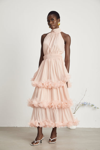 Micah pink 3D-petal tiered midi dress