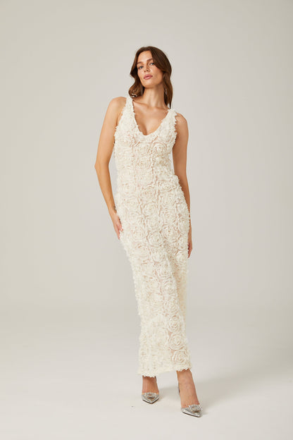Sylvie faux-flower V-neck maxi dress in Neutrals