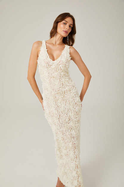 Sylvie faux-flower V-neck maxi dress in Neutrals