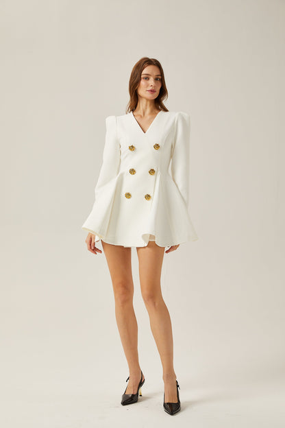 Élise pleated peplum-hem blazer dress in White