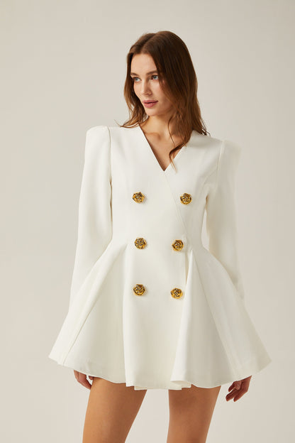 Élise pleated peplum-hem blazer dress in White
