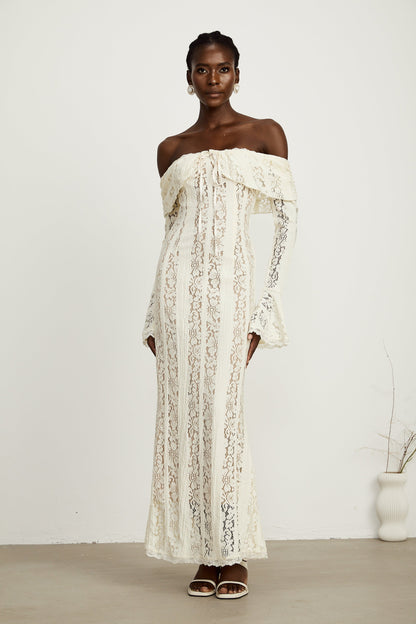 Émeline floral lace flared-cuff maxi dress in Neutrals