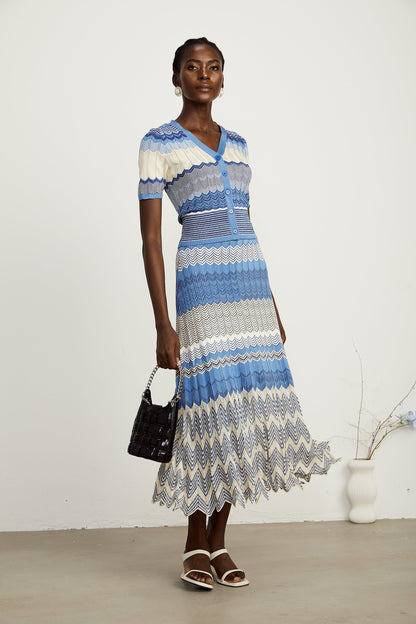 Daniela blue zigzag-design knit top & skirt matching set