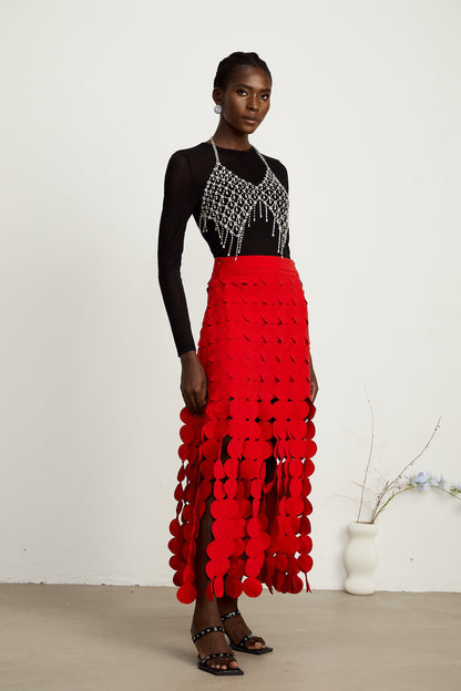 Hanna disc-design fringed maxi skirt in Red