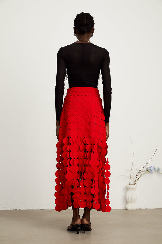 Hanna disc-design fringed maxi skirt in Red