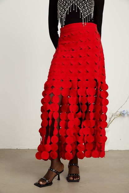 Hanna disc-design fringed maxi skirt in Red