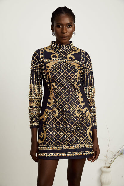 Ysabella faux-pearl long-sleeve mini dress