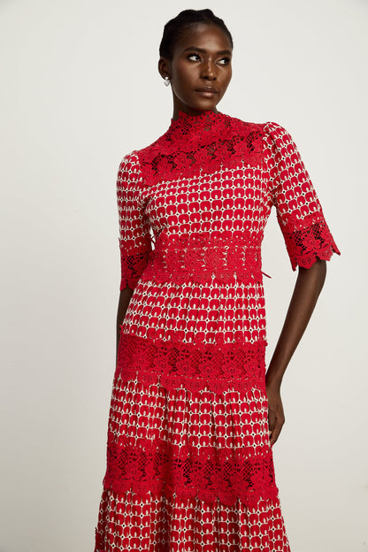 Chantal red scallop-pattern lace-panel maxi dress