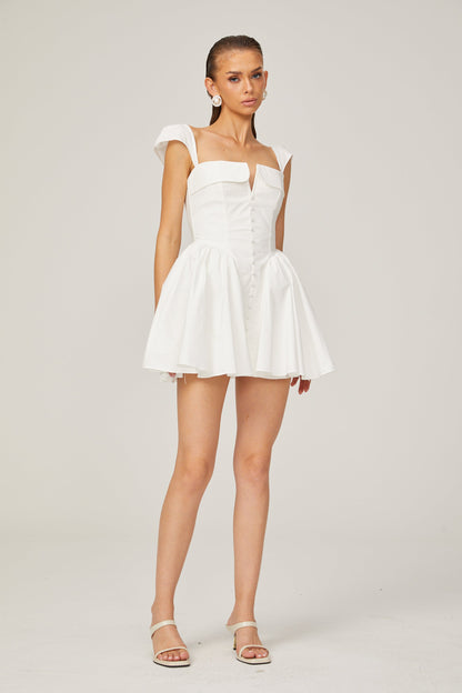Julie white folded-neck bonded sleeveless mini dress