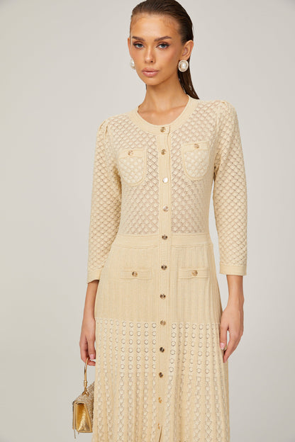 Élodie knitted long-sleeve midi dress in Neutrals