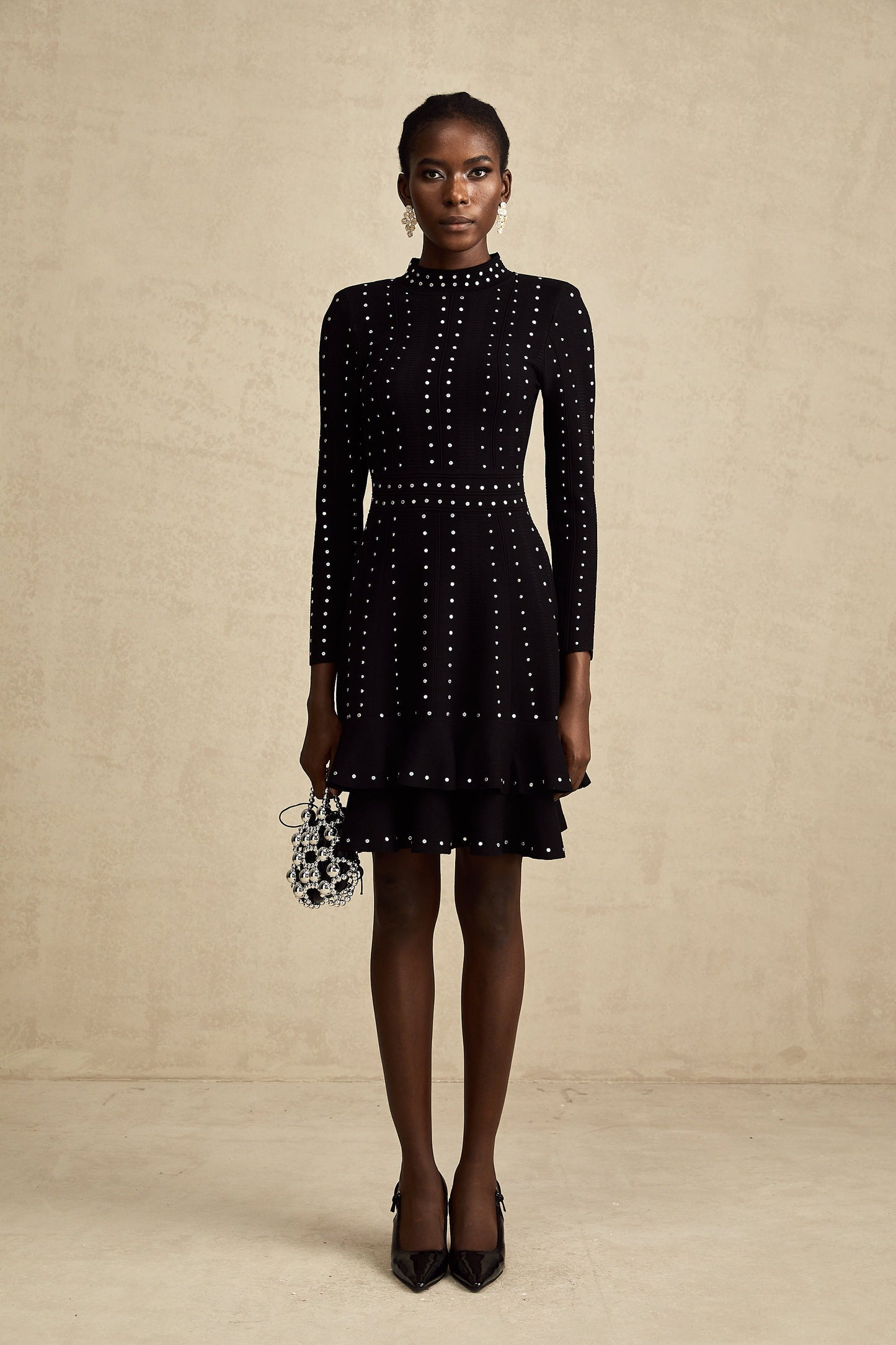 Fabienne Black Embellished Ruffled Knit Mini Dress