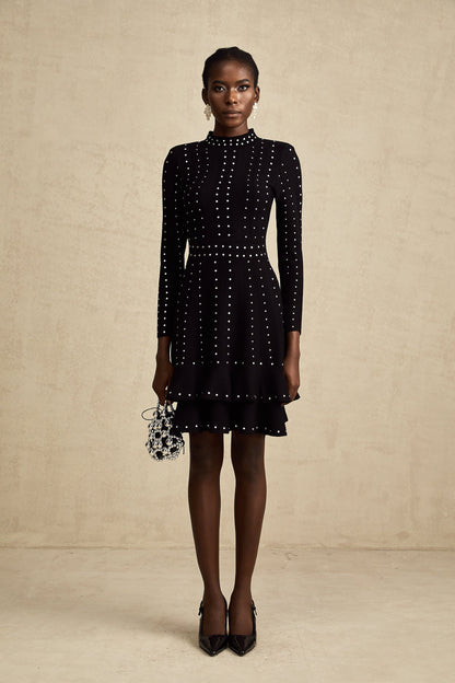Fabienne Black Embellished Ruffled Knit Mini Dress