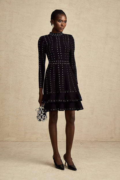 Fabienne Black Embellished Ruffled Knit Mini Dress