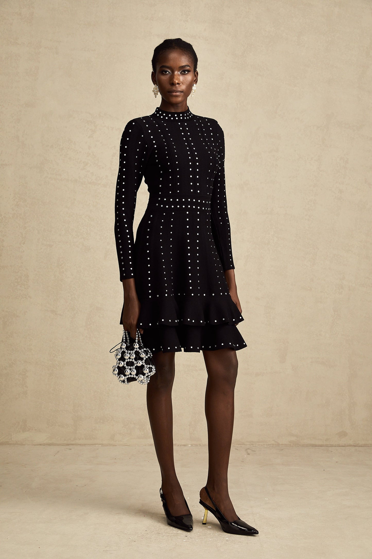 Fabienne Black Embellished Ruffled Knit Mini Dress
