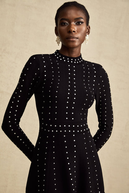 Fabienne Black Embellished Ruffled Knit Mini Dress