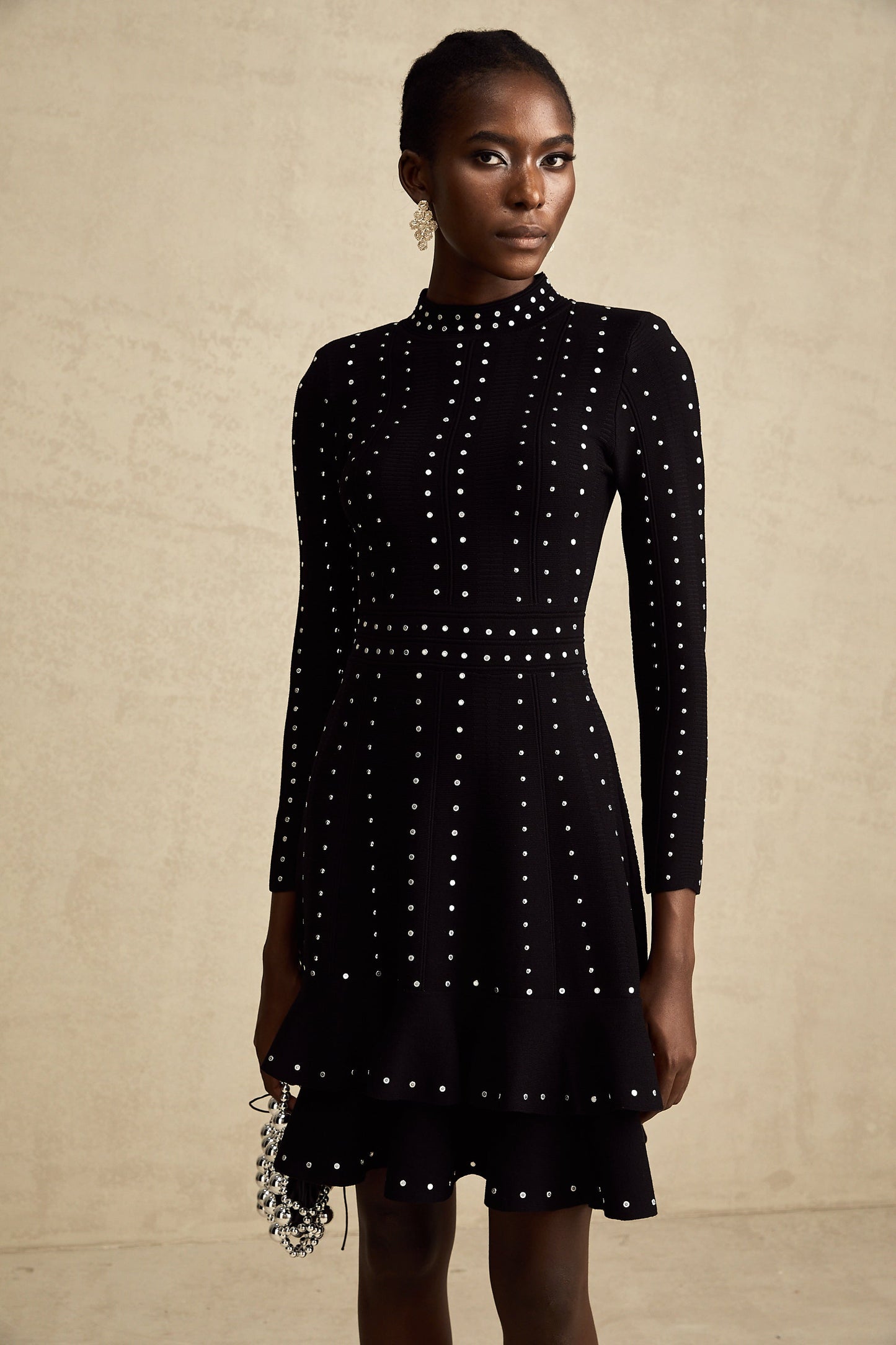 Fabienne Black Embellished Ruffled Knit Mini Dress