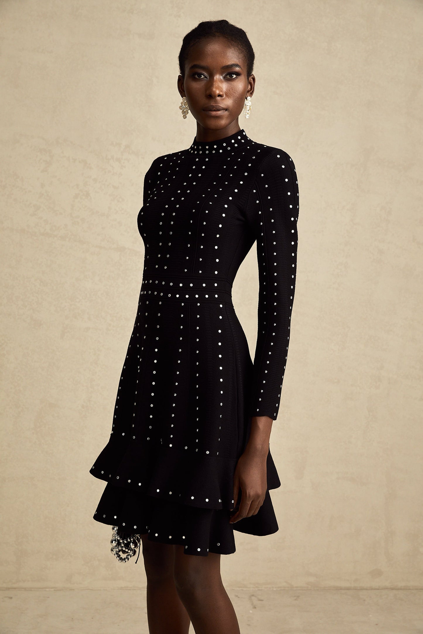 Fabienne Black Embellished Ruffled Knit Mini Dress