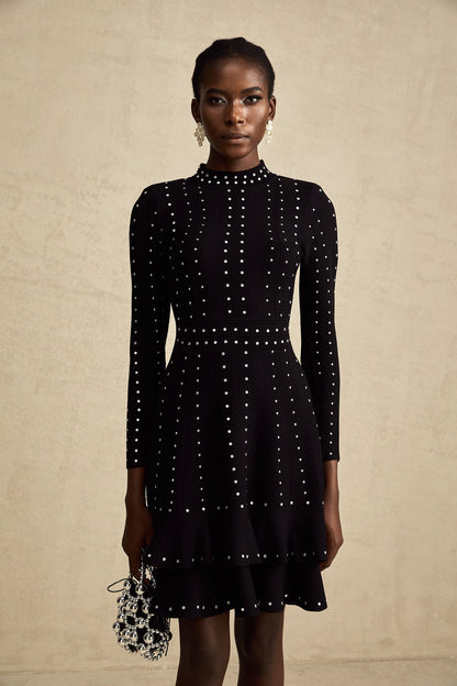 Fabienne Black Embellished Ruffled Knit Mini Dress