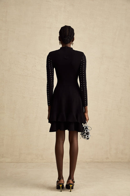 Fabienne Black Embellished Ruffled Knit Mini Dress