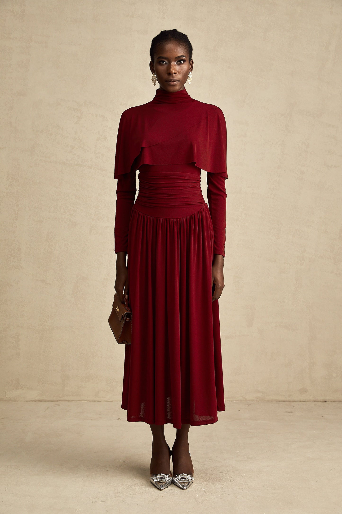 Camille Red Ruched Midi Dress with Flap Design Detail