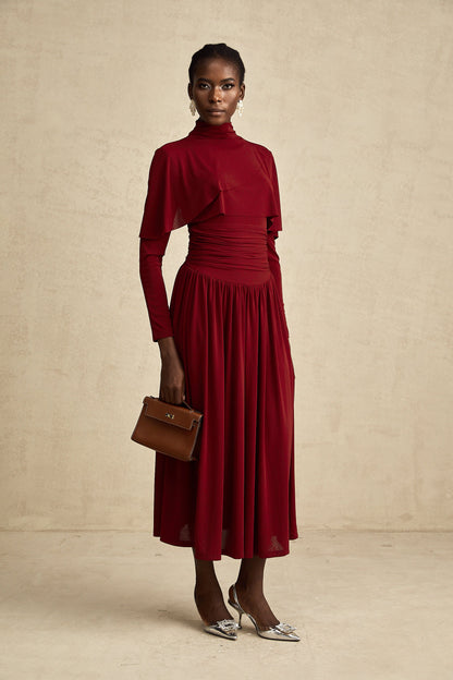 Camille Red Ruched Midi Dress with Flap Design Detail