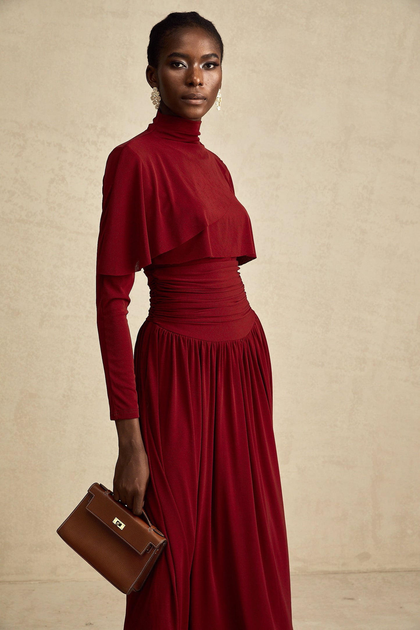 Camille Red Ruched Midi Dress with Flap Design Detail