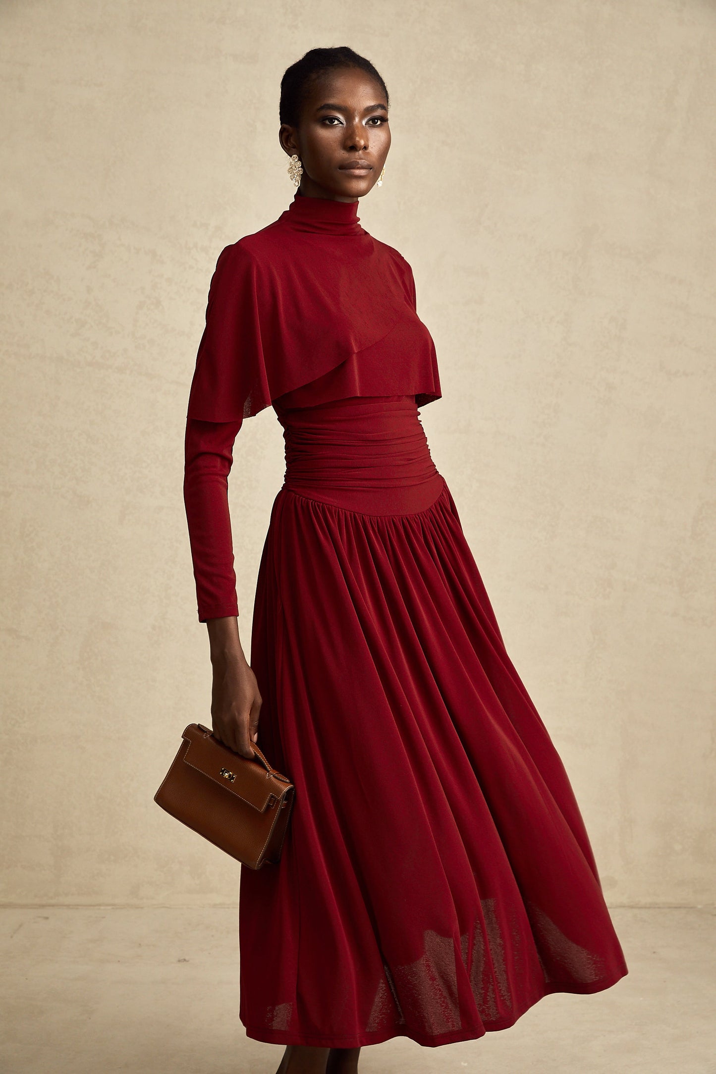 Camille Red Ruched Midi Dress with Flap Design Detail