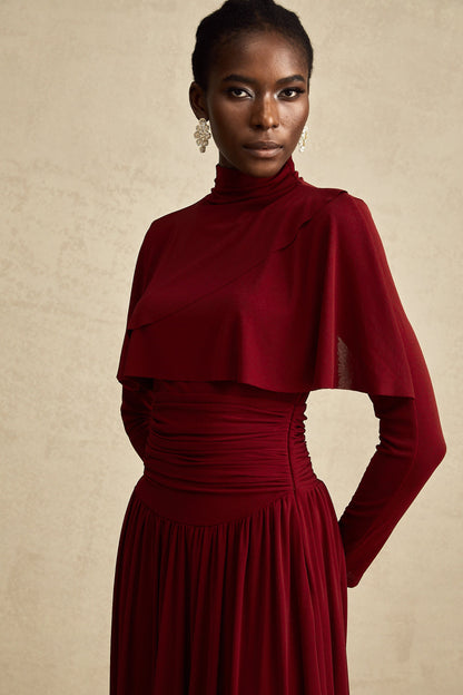 Camille Red Ruched Midi Dress with Flap Design Detail