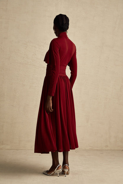 Camille Red Ruched Midi Dress with Flap Design Detail