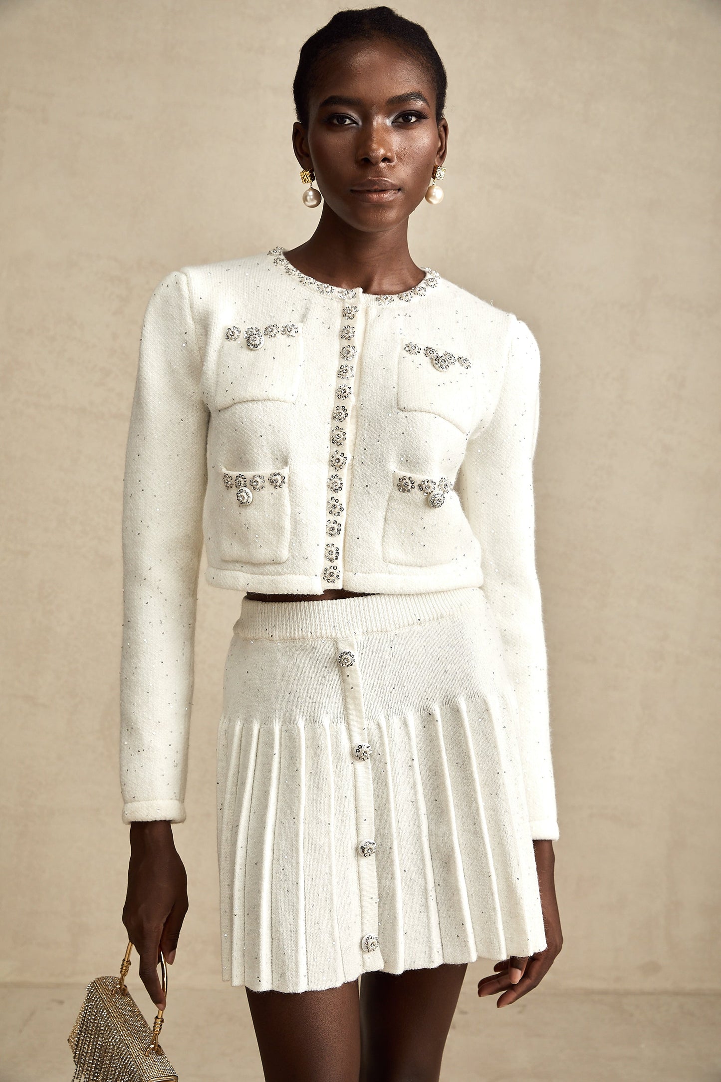 Fabienne white embellished jacket & skirt matching set