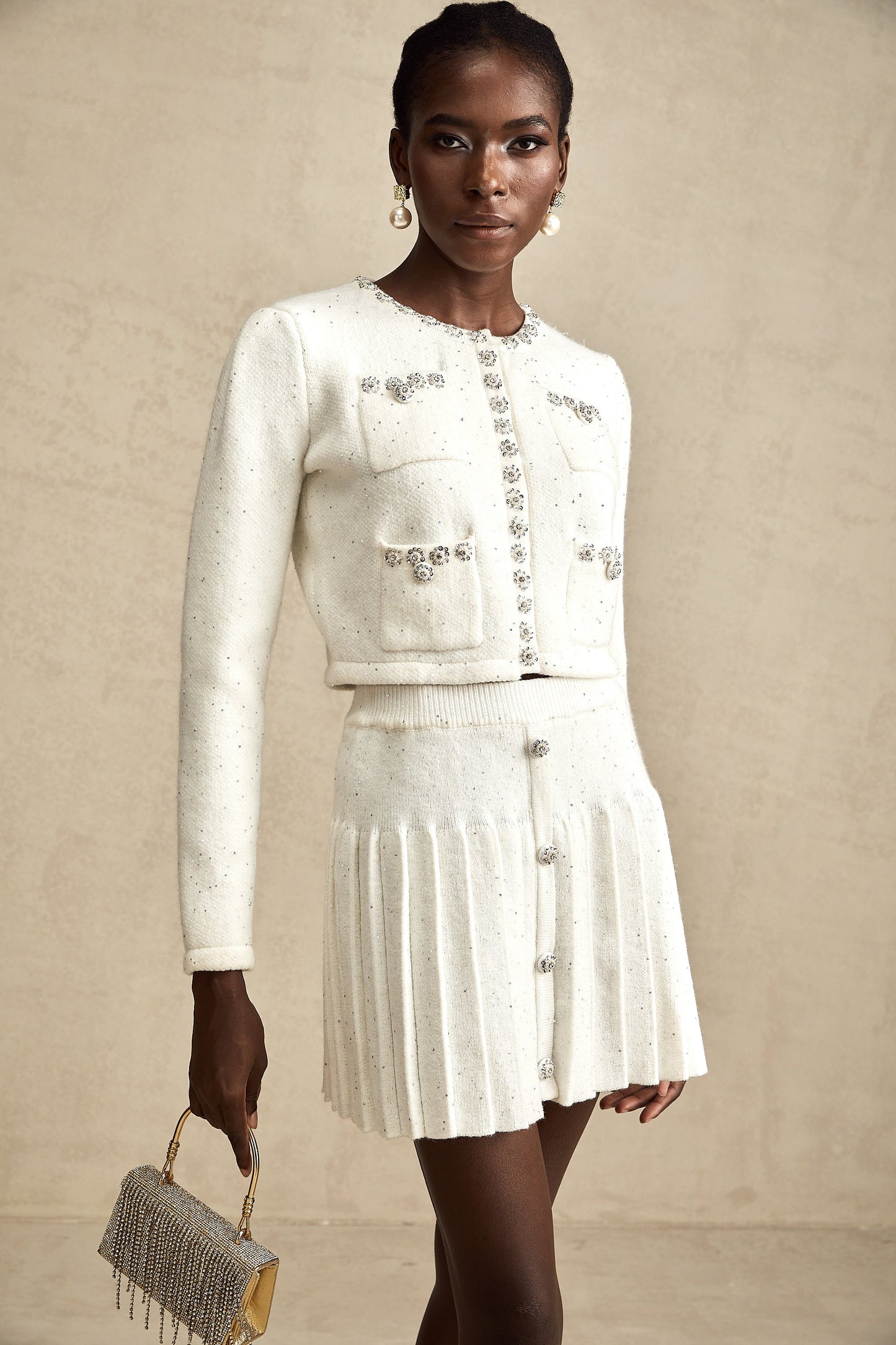 Fabienne white embellished jacket & skirt matching set