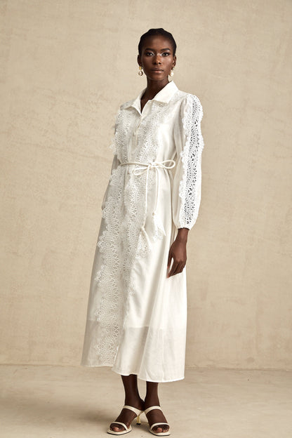 Colette white lace-detail tied-waist midi dress