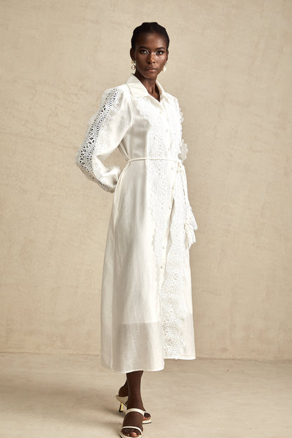 Colette white lace-detail tied-waist midi dress