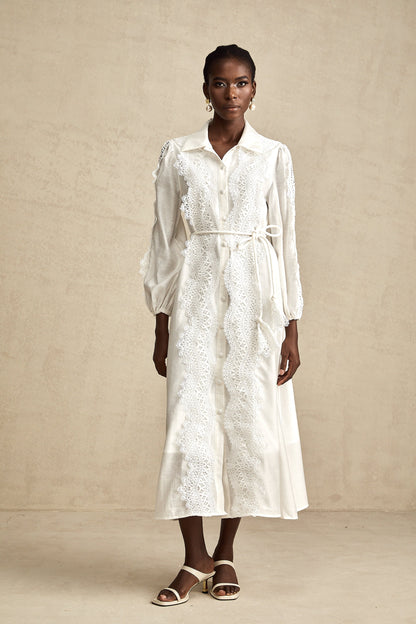Colette white lace-detail tied-waist midi dress