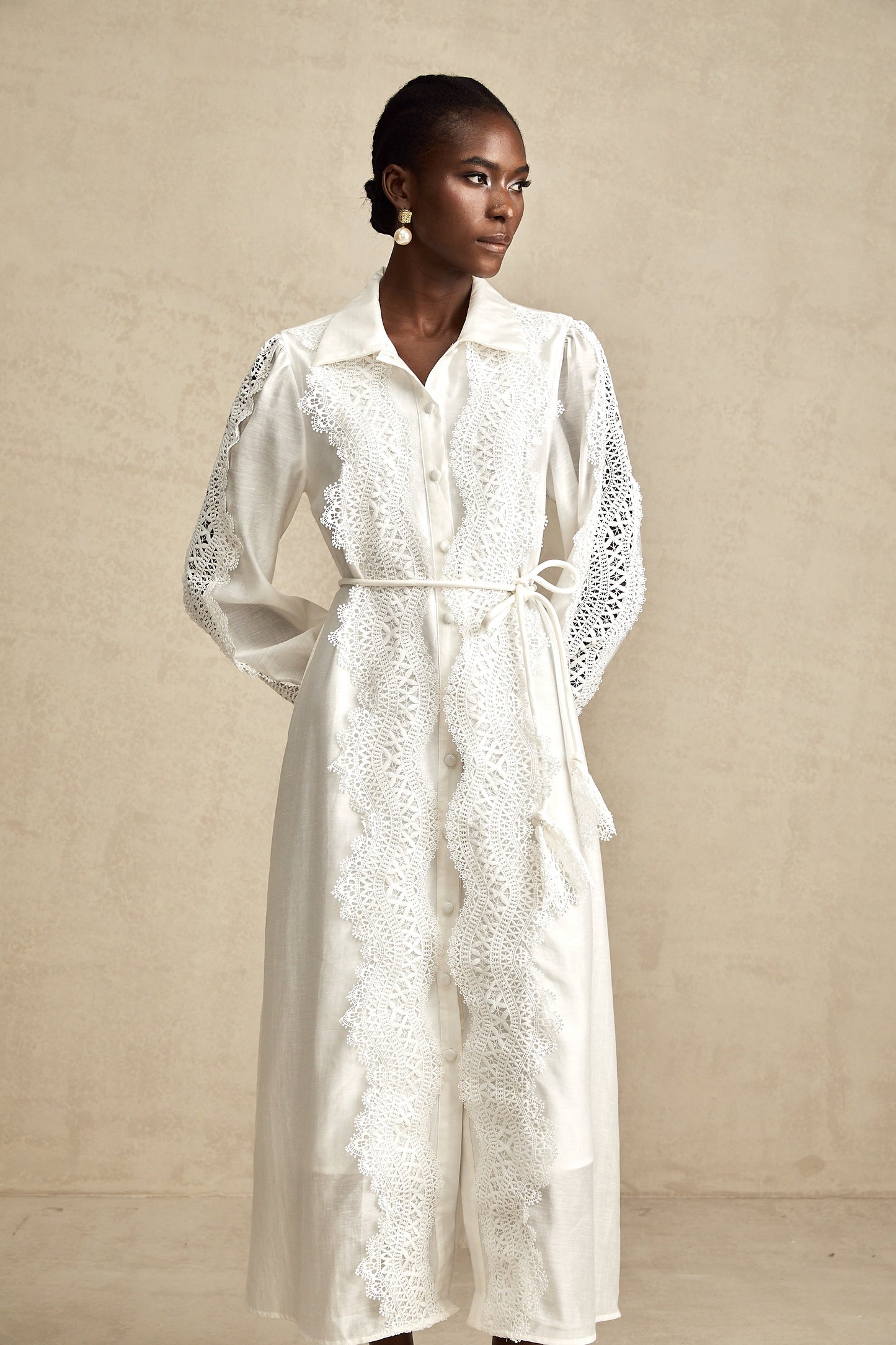 Colette white lace-detail tied-waist midi dress