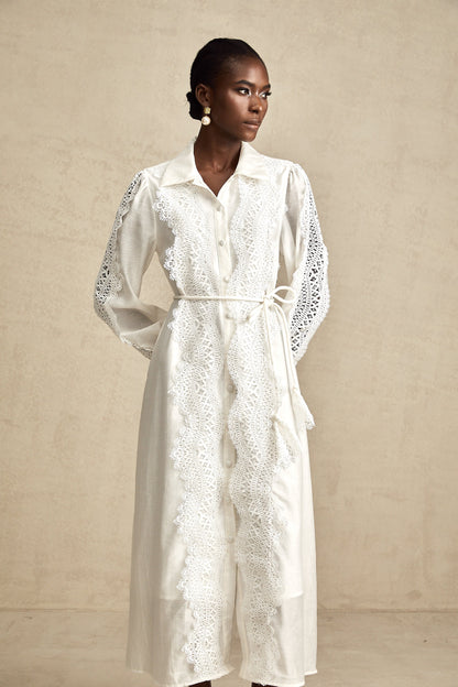 Colette white lace-detail tied-waist midi dress