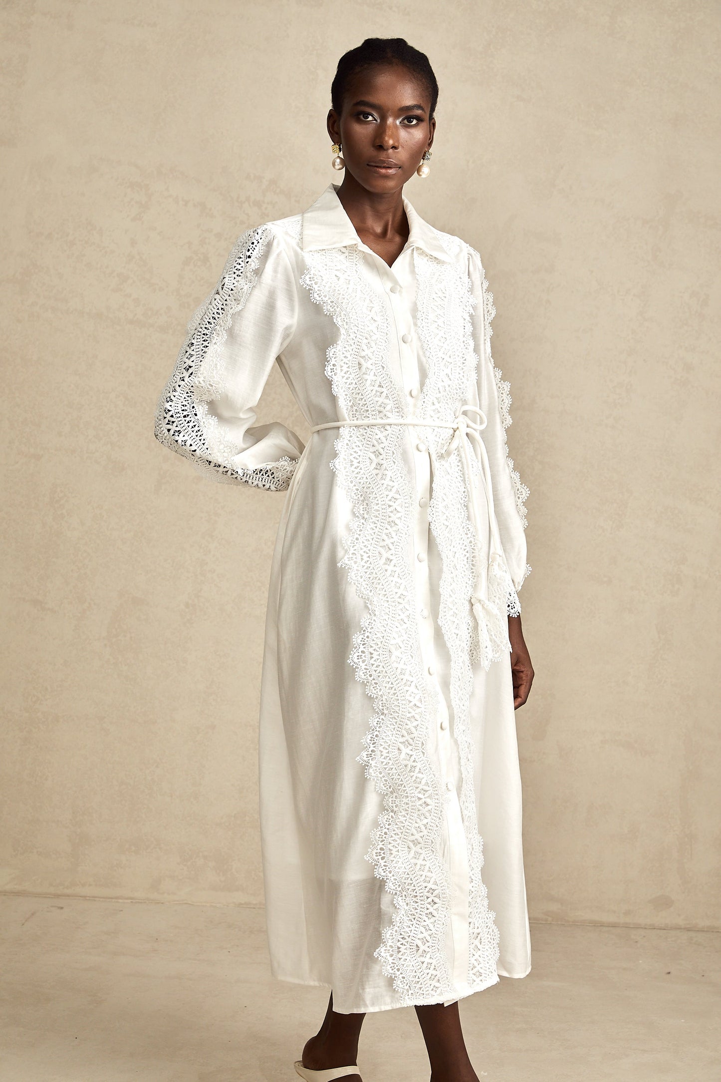 Colette white lace-detail tied-waist midi dress