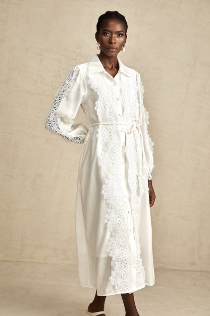 Colette white lace-detail tied-waist midi dress