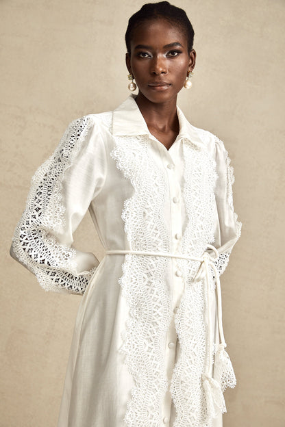 Colette white lace-detail tied-waist midi dress