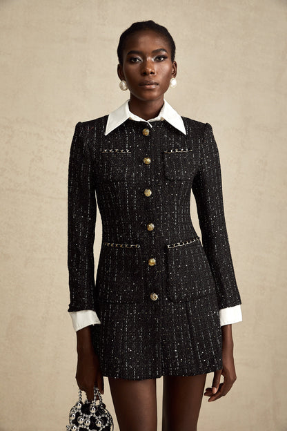 Audrey black sequin panelled tweed mini dress