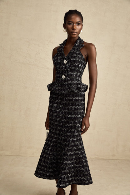 Axelle black checked tweed vest top & skirt matching set