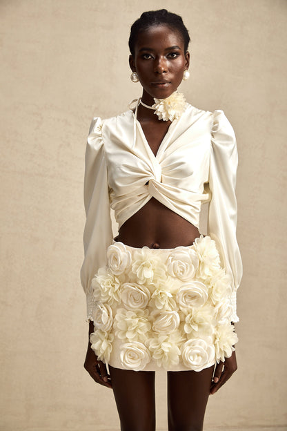 Nouria white faux-flower twist cropped top