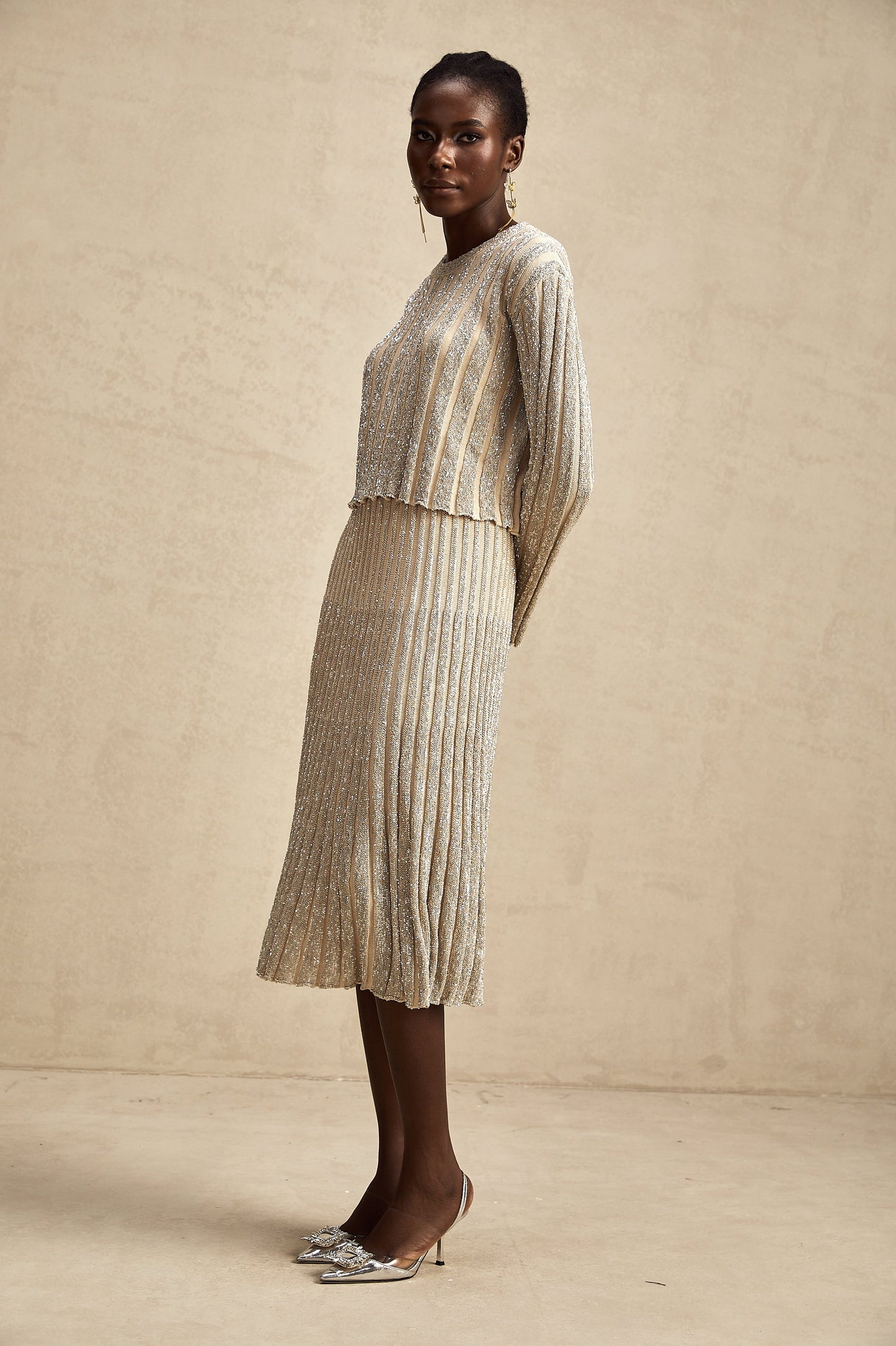 Aurore champagne stripe knit top & skirt matching set