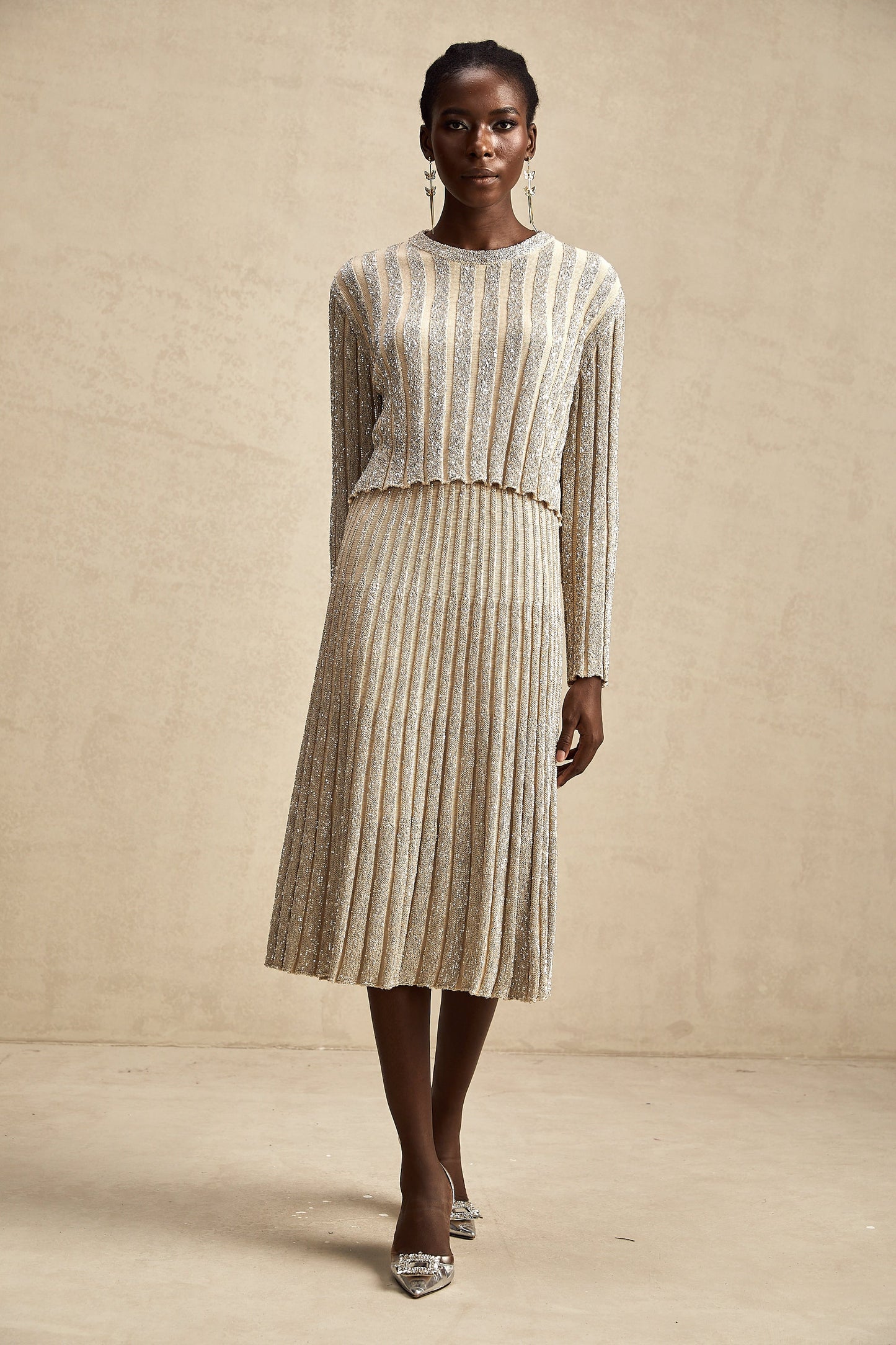 Aurore champagne stripe knit top & skirt matching set