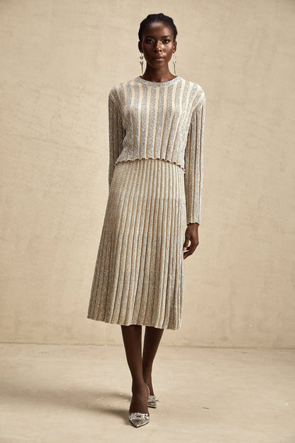 Aurore champagne stripe knit top & skirt matching set