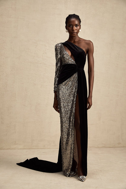 Juliette sequin-embellished asymmetrical maxi dress